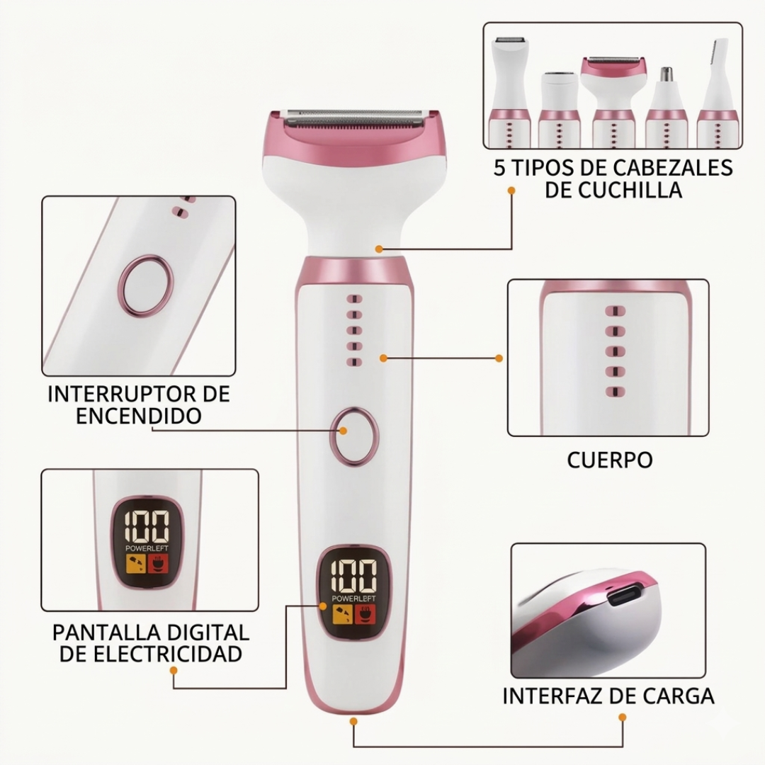 Máquina Depiladora Femenina 5 en 1 Recargable con Visor LED